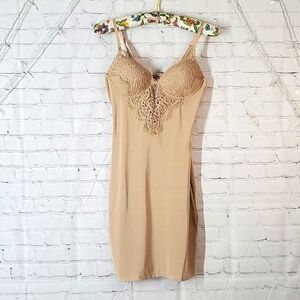 Nude Beige Fitted Bodycon Stretch Embroidered Plunge Busty Sexy Mini Dress Small